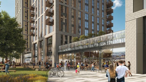 An exterior visualisation of people enjoying the communal green spaces and ground floor retail spaces of Broad Street Mall, with the building to the left.