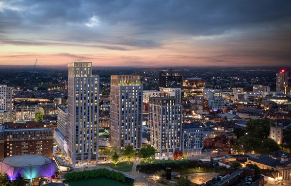 An exterior visualisation showing the 4 tower blocks which make up Broad Street Mall in their city centre location at dusk.