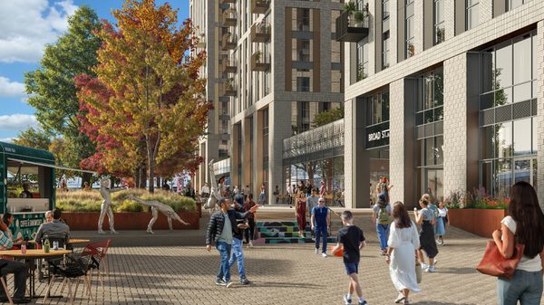 A visualisation of the active public realm with pedestrians walking across the space as part of the Broad Street Mall redevelopment in Reading.