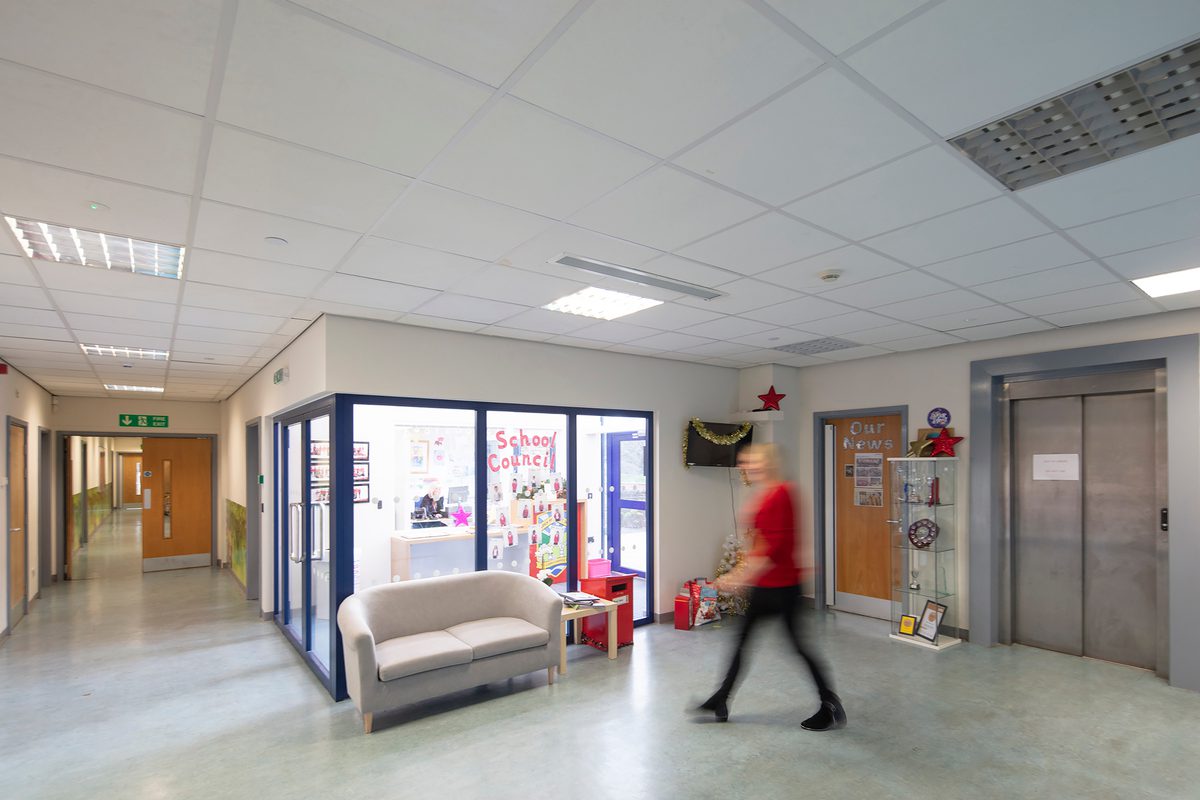 An interior circulation space within Calder High Through School, part of Calderdale Council's property portfolio.
