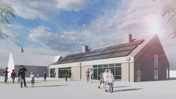 An exterior visualisation of Ash Green Primary School, part of Calderdale Council's property portfolio, showing the school's outdoor space and PV panels on the roof.