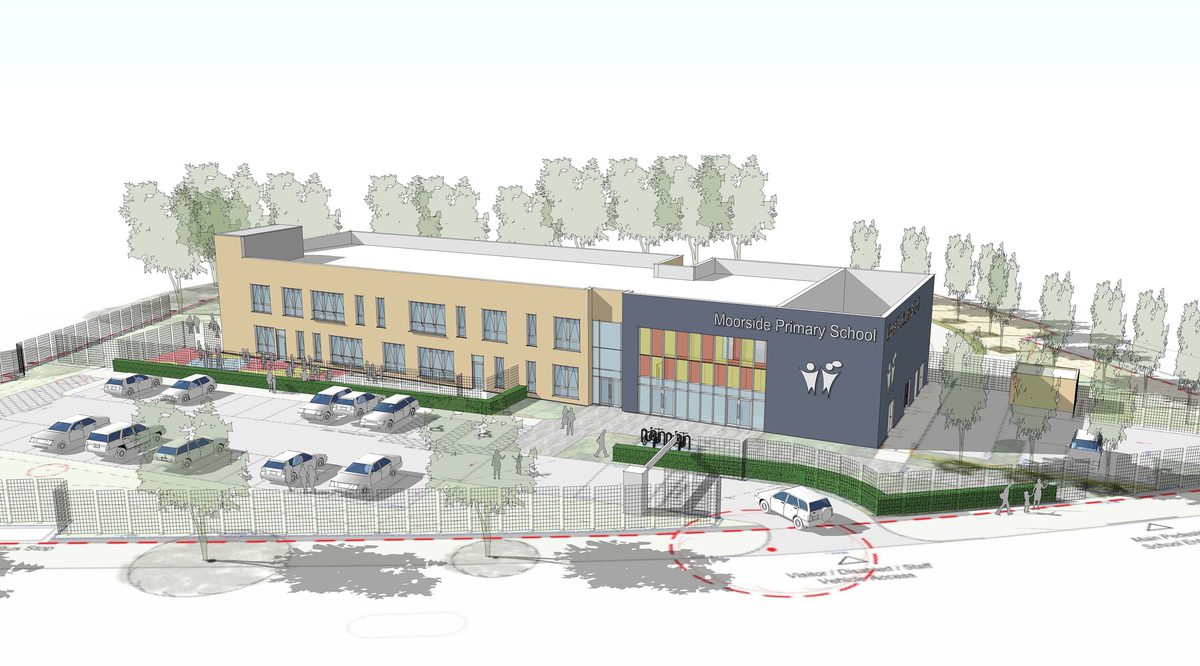 An exterior sketch of Moorside Primary School, part of Calderdale Council's property portfolio, showing the school's outdoor sports facilities.