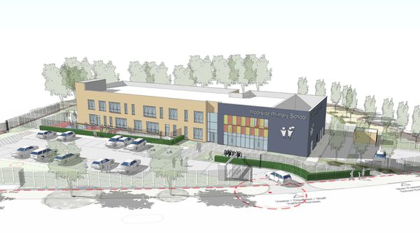 An exterior sketch of Moorside Primary School, part of Calderdale Council's property portfolio, showing the school's outdoor sports facilities.