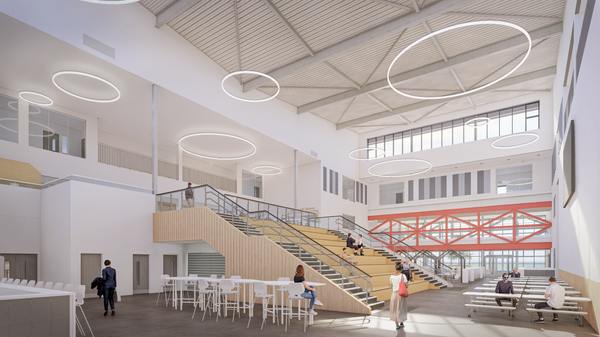 A visualisation of the atrium space at Caledonia High School with a central staircase surrounded by communal seating and circulation space.
