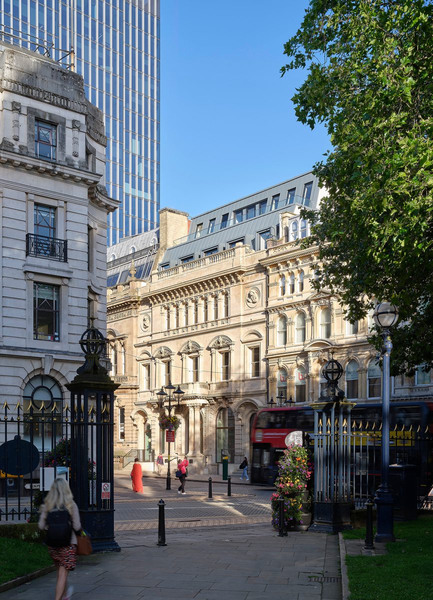 The Victorian frontage of the refurbished Chatwin Building showing its surroundings and position on Colmore Row.