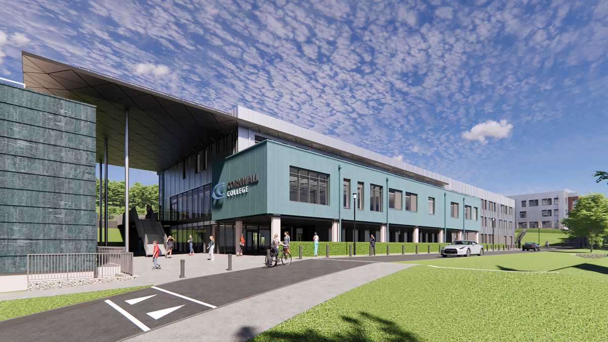 A visualisation of the outdoor entrance to Cornwall College with students walking into the building.