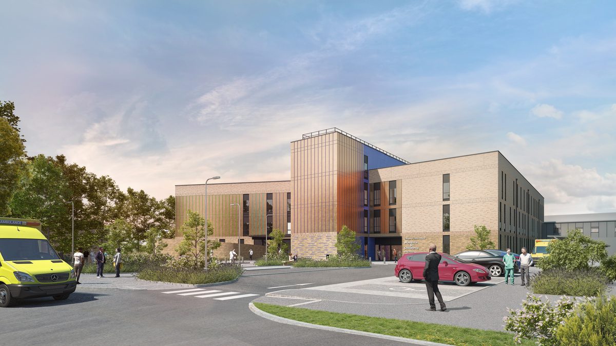 An external visualisation of the entrance to the Countess of Chester Hospital Women and Children's Building with planting and people interacting.