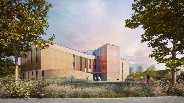An external visualisation of the edge of the Women and Children's Building with planting and greenery.