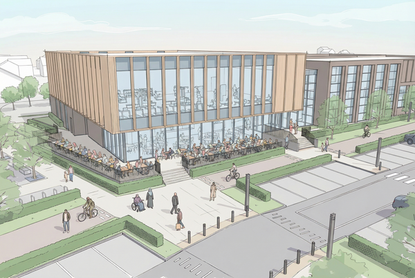 A sketch visualisation of the proposed Cranbrook leisure centre building with pedestrians on approach to the building and associated landscaping in view.