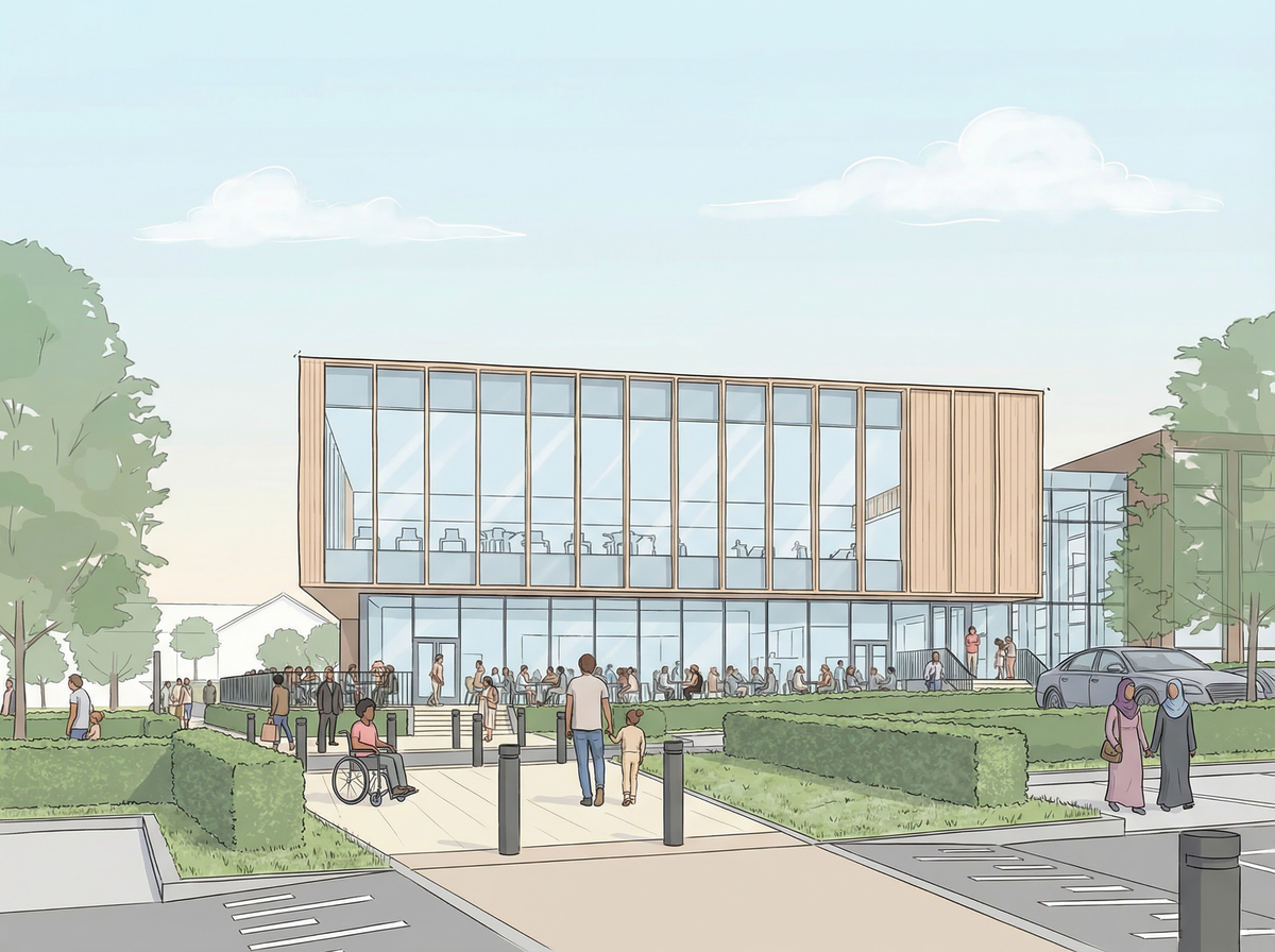 A sketch visualisation of the proposed Cranbrook leisure centre with pedestrians on approach to the new building and associated landscaping in the foreground.