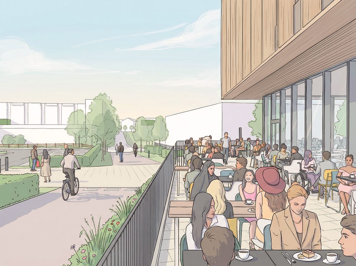 A sketch visualisation of the terraced outdoor cafe area and seating at the proposed Cranbrook leisure centre with group of visitors sat around socialising.