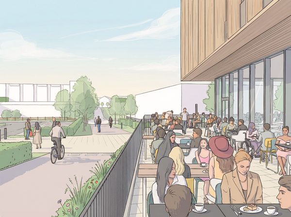 A sketch visualisation of the terraced outdoor cafe area and seating at the proposed Cranbrook leisure centre with group of visitors sat around socialising.