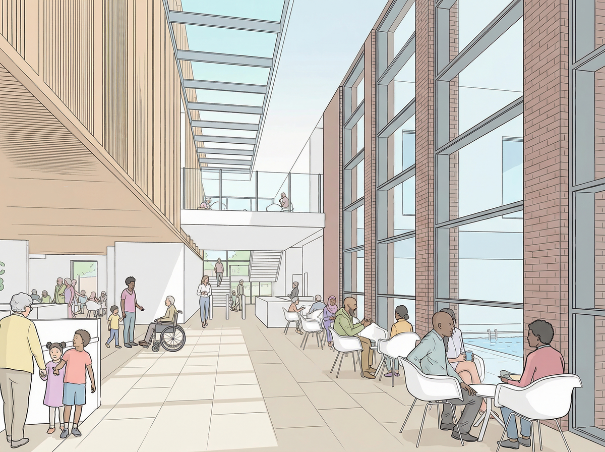 A sketch drawing of the internal foyer at the proposed Cranbrook leisure centre with groups of visitors either relaxing or standing in the brightly lit space.