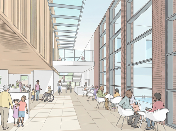 A sketch drawing of the internal foyer at the proposed Cranbrook leisure centre with groups of visitors either relaxing or standing in the brightly lit space.