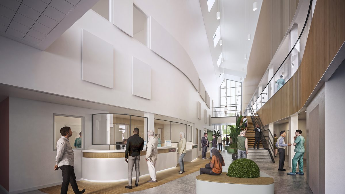 A visualisation of the internal arrival point and atrium space, showing the natural light and openness.