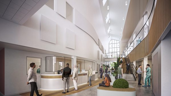A visualisation of the internal arrival point and atrium space, showing the natural light and openness.