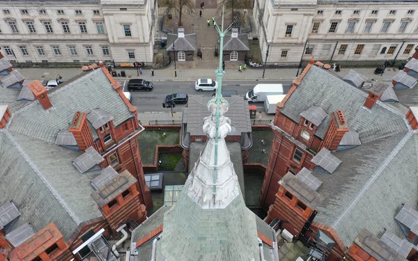 Aerial drone capture of the Grade II listed Cruciform Building roof showing existing condition.