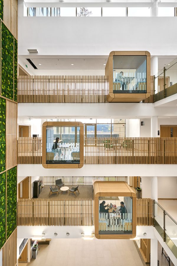 Inside the atrium of the Daphne Steele Building showing a variety of independent working spaces.