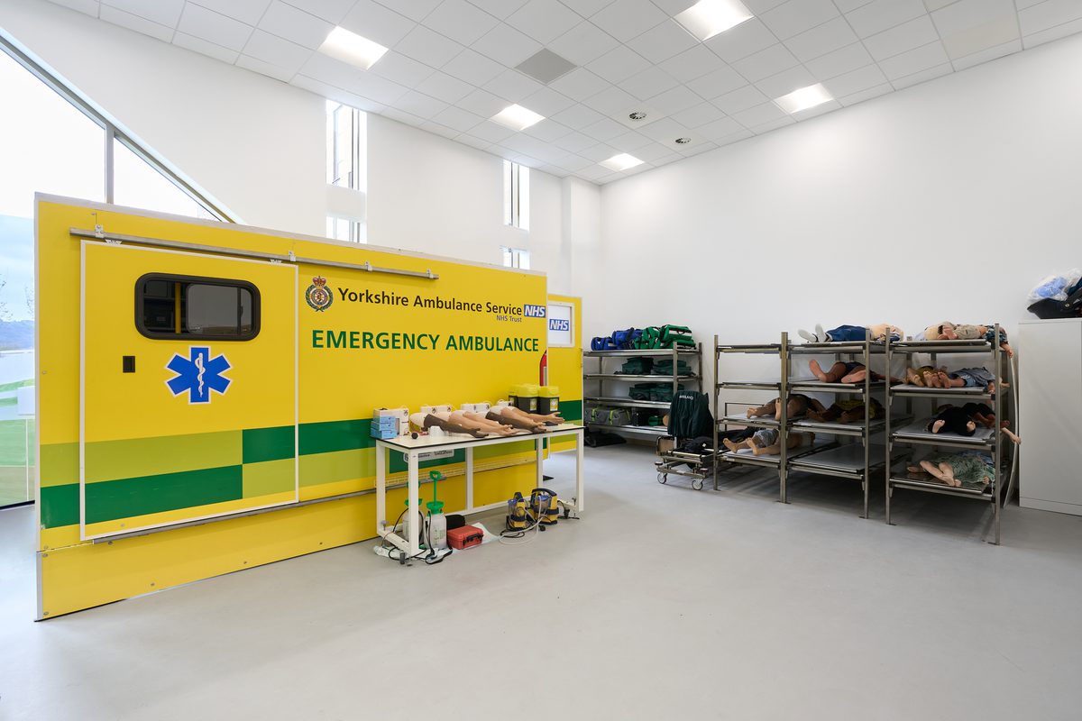 A replica of an ambulance inside the Daphne Steele Building in Huddersfield.