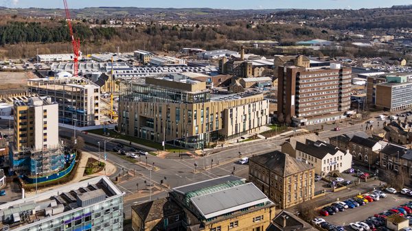 An aerial look at the Daphne Steele Building, showing that it's the first building part of the National Health Innovation Campus in Huddersfield.