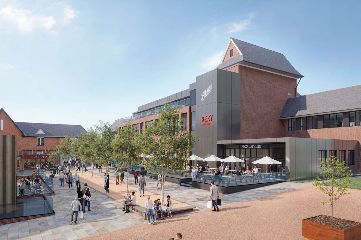 Visualisation of the repurposed Debenhams building in Lichfield showing landscaped public square.