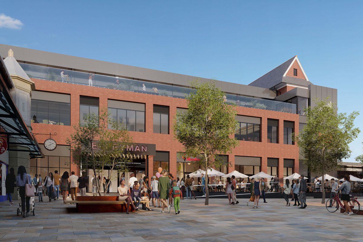 Visualisation of the Debenhams Lichfield building, showing the entrance approach to the new cinema and leisure facilities from the public square.