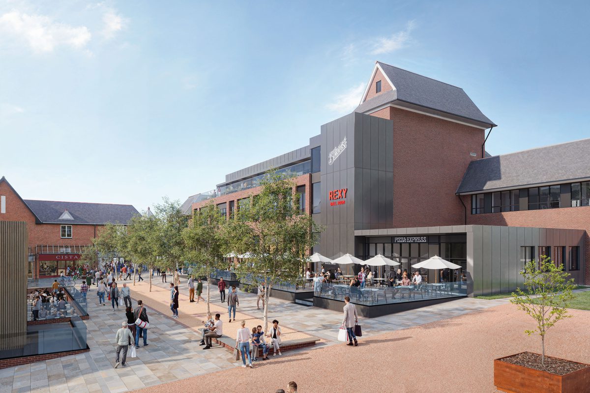 Visualisation of the repurposed Debenhams building in Lichfield showing landscaped public square.