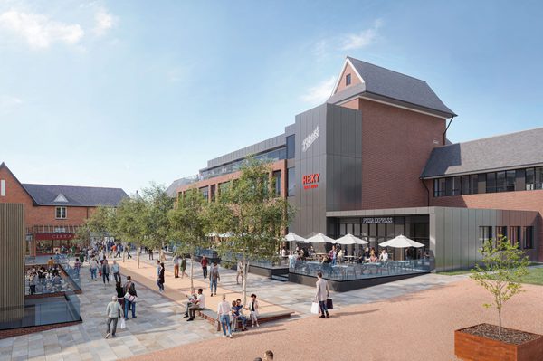 Visualisation of the repurposed Debenhams building in Lichfield showing landscaped public square.