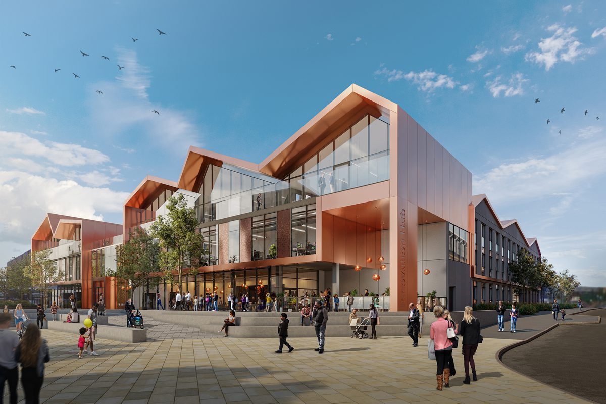 An exterior visualisation of Elizabeth Quarter, with distinctive copper facade, gabled rooves and paved public realm.