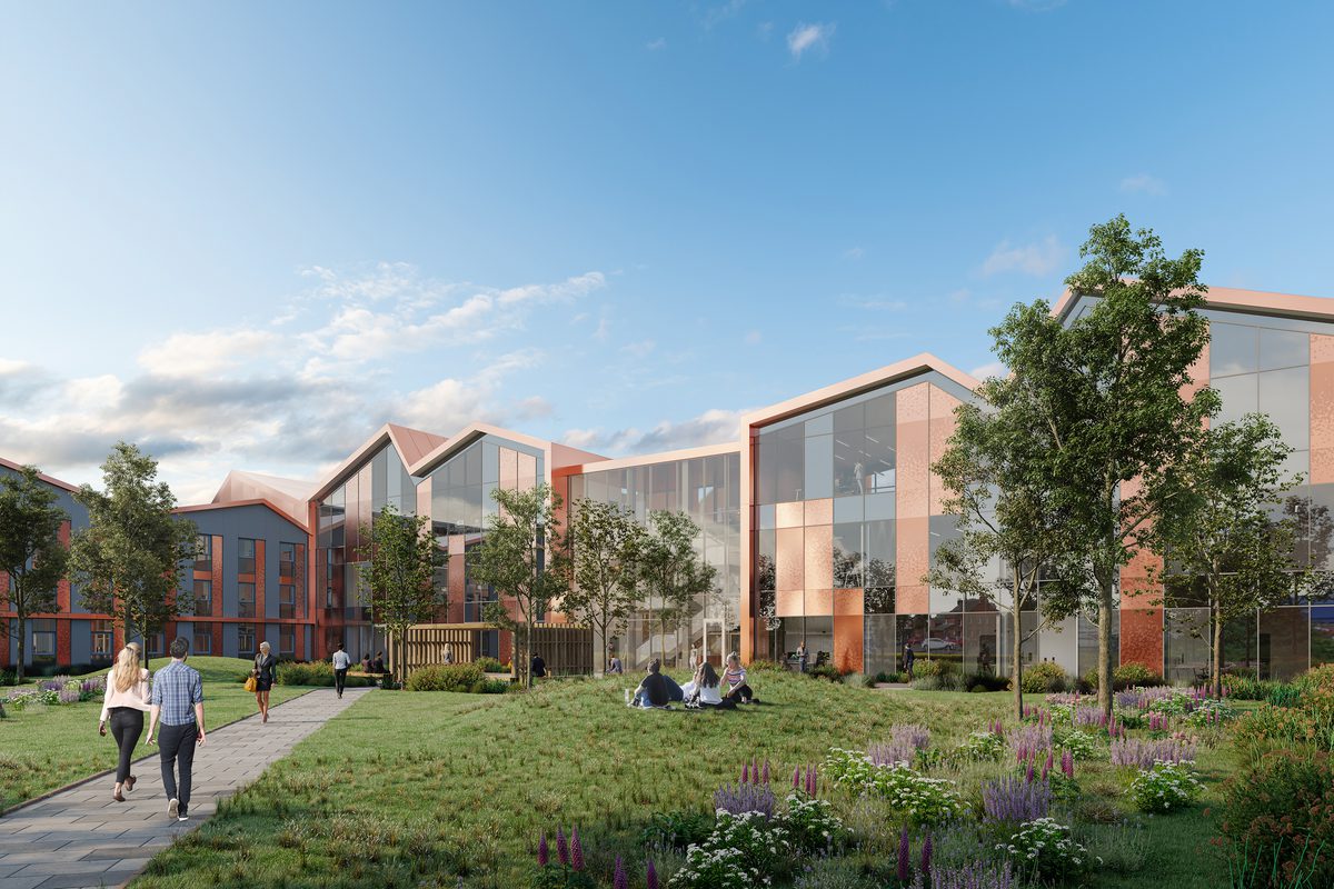 An exterior visualisation of Elizabeth Quarter, with distinctive copper facade and people enjoying the communal gardens and green public realm.