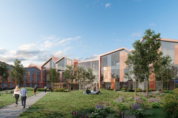 An exterior visualisation of Elizabeth Quarter, with distinctive copper facade and people enjoying the communal gardens and green public realm.