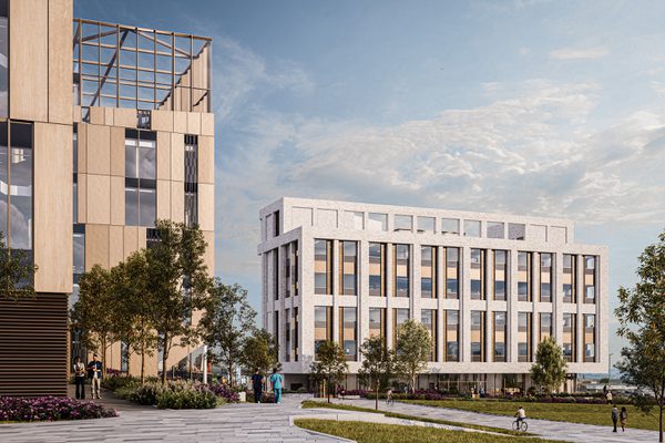 An exterior visualisation of the Emily Siddon building, showing its white facade with extensive glazing, surrounding planting and public realm and proximity to the nearby Daphne Steele building.