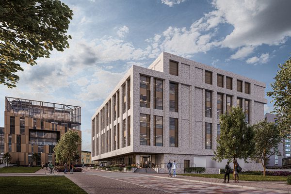 A visualisation showing the complete exterior of the Emily Siddon building and its position on National Health Innovation Campus, next to the Daphne Steele Building.