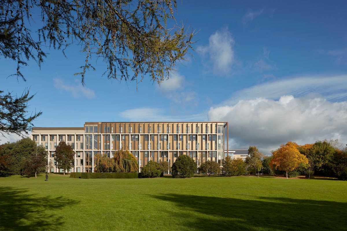 Faculty of Engineering and Architecture showing distinctive bronze aluminium cladding surrounded by parkland.