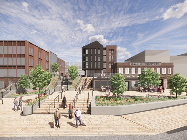 A visualisation of people enjoying landscaped communal spaces with Firepool Block 3 offices in the background.