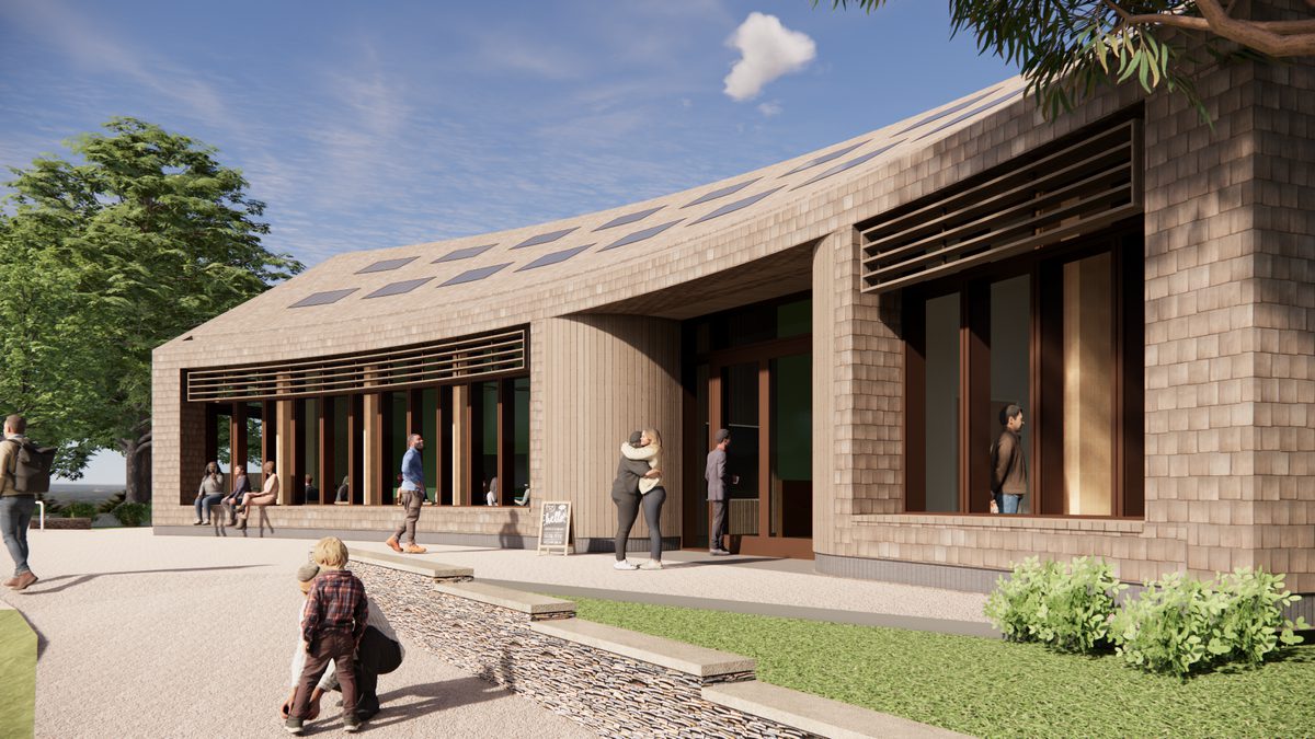 A visualisation of the visitors centre on a sunny day surrounded by trees and planting with people walking across the site in the foreground.