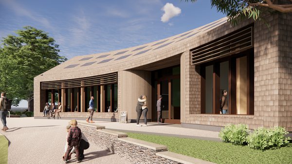 A visualisation of the visitors centre on a sunny day surrounded by trees and planting with people walking across the site in the foreground.