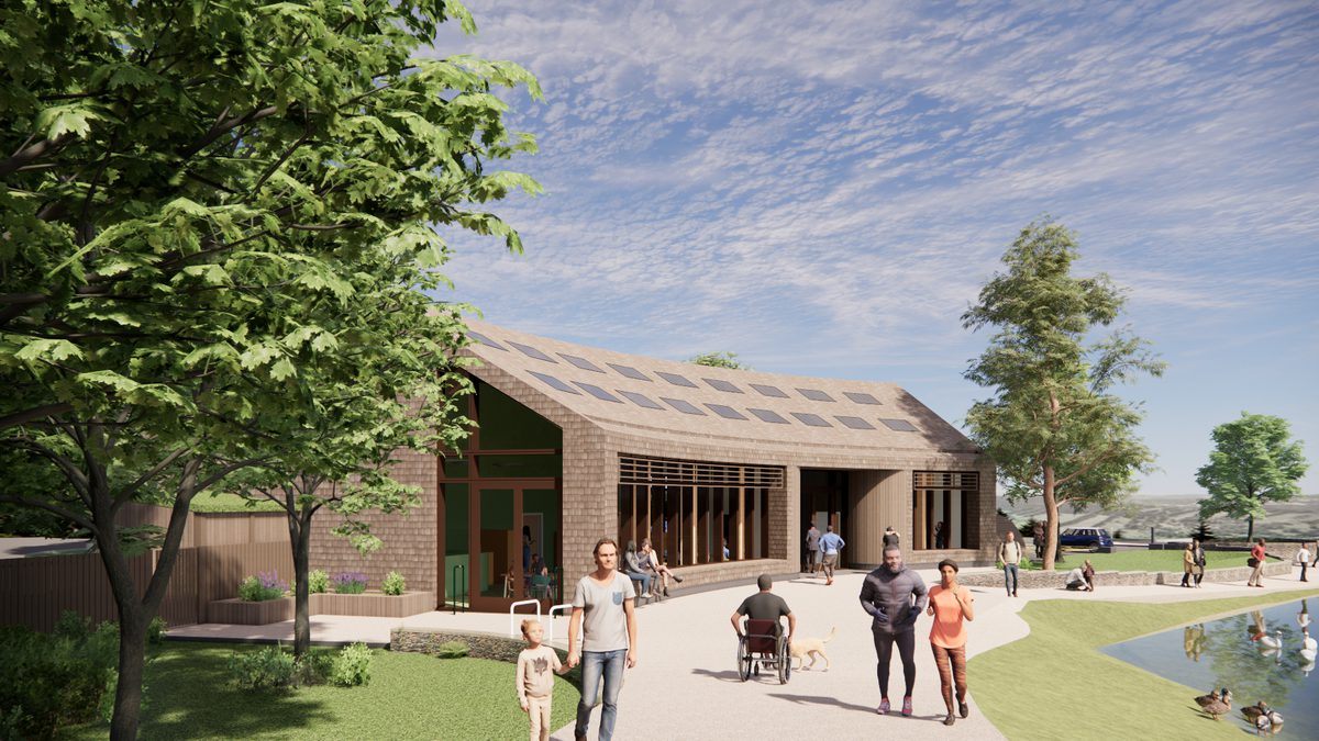 A visualisation of approach to the visitors centre surrounded by greenery and the canal with people walking in the foreground.
