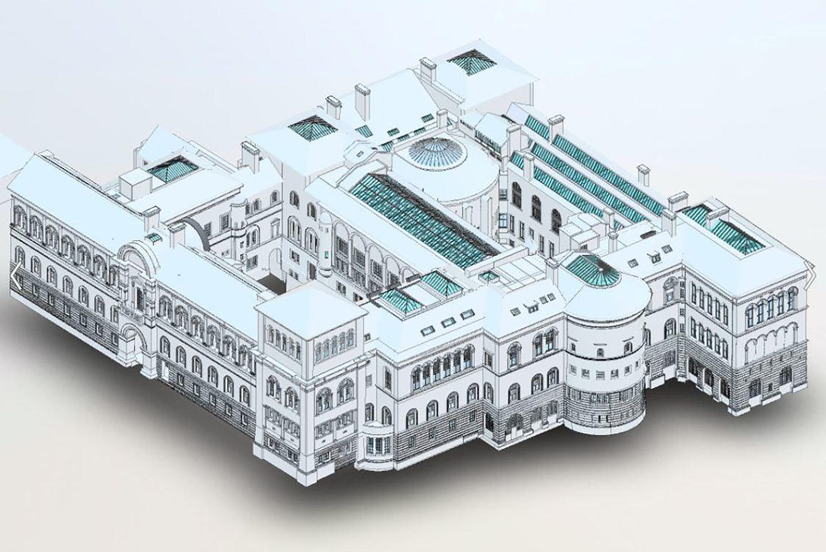 Geomatics survey model of the Teviot building at the University of Edinburgh.