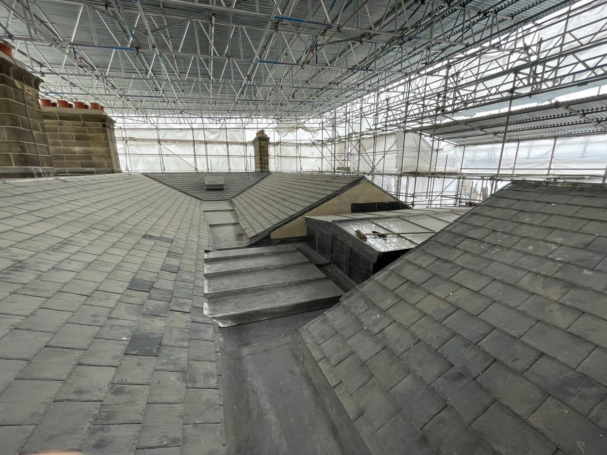 A view of the roof covered with roof tiles, of the George Hotel after repair works were carried out.