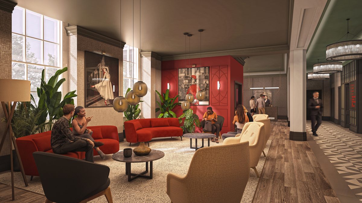A visualisation of the vibrant reception area inside the George Hotel with branded decorations and potted plans.