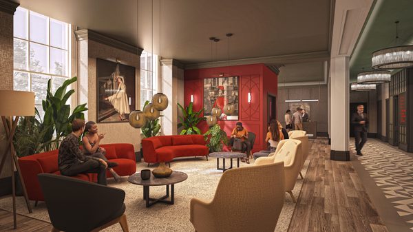 A visualisation of the vibrant reception area inside the George Hotel with branded decorations and potted plans.
