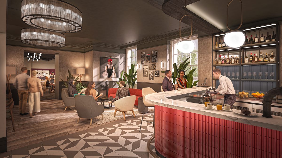 A visualisation of the bar area inside the George Hotel with guests enjoying the surrounding comfortable chairs and social spaces.