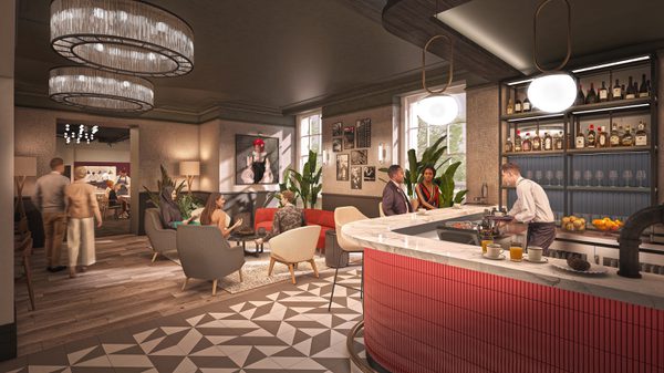 A visualisation of the bar area inside the George Hotel with guests enjoying the surrounding comfortable chairs and social spaces.