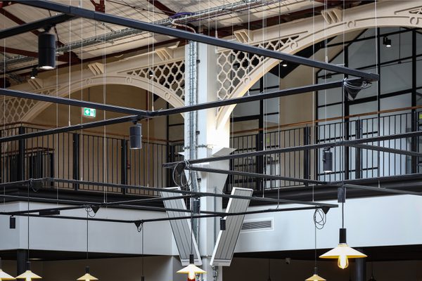 A detail shot of the historical arches that have been retained inside Glossop Town and Market Hall.