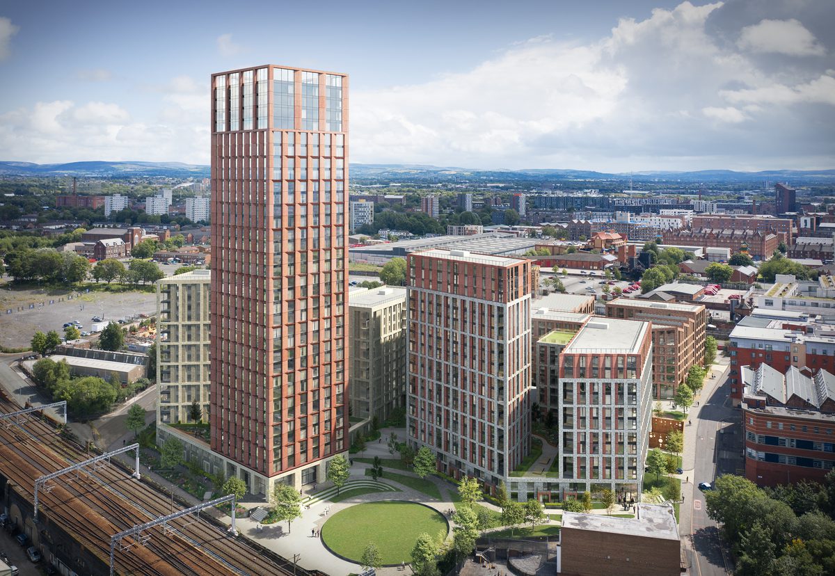 An exterior visualisation of the Gould Street residential development, with each individual block shown, in its city centre location.