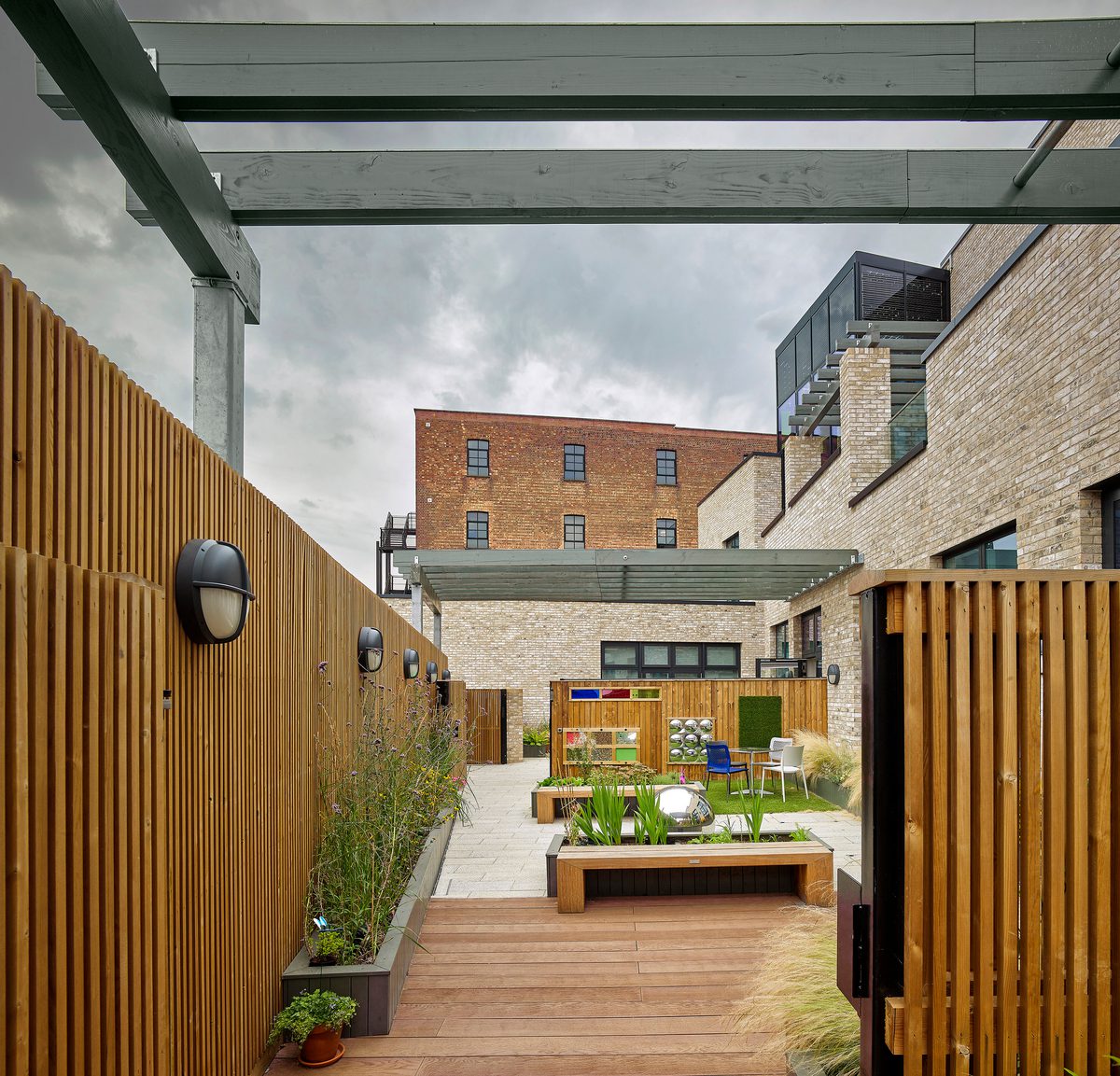 An exterior view of the landscaped gardens of the greenwood centre.