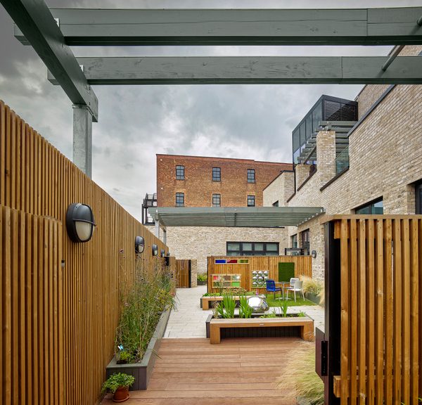 An exterior view of the landscaped gardens of the greenwood centre.