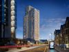 An exterior visualisation of the high rise residential building Guildford Crescent showing the building in its entirety and its city centre location, at dusk.