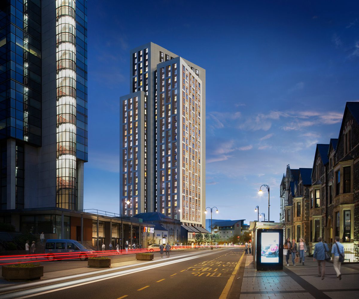 An exterior visualisation of the high rise residential building Guildford Crescent showing the building in its entirety and its city centre location, at dusk.